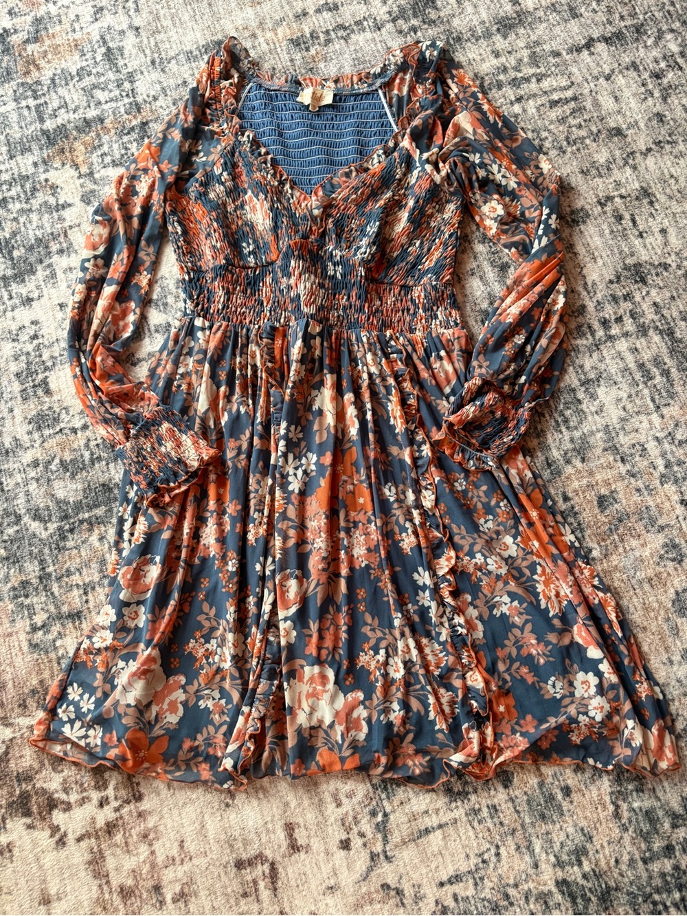 Listicle Long-Sleeve Floral Smocked Dress in Navy and Rust